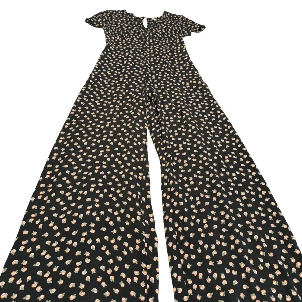 Free People Mia Jumpsuit Black W/ Pink Roses V-Neck Keyhole Back Size 2